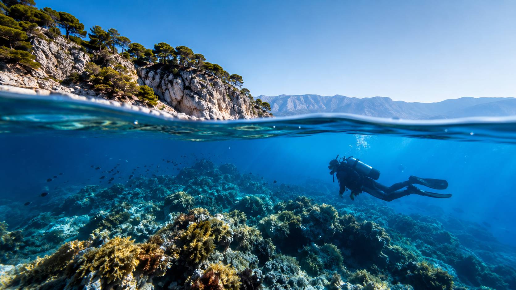 Beginner diver discovering the underwater world with an instructor